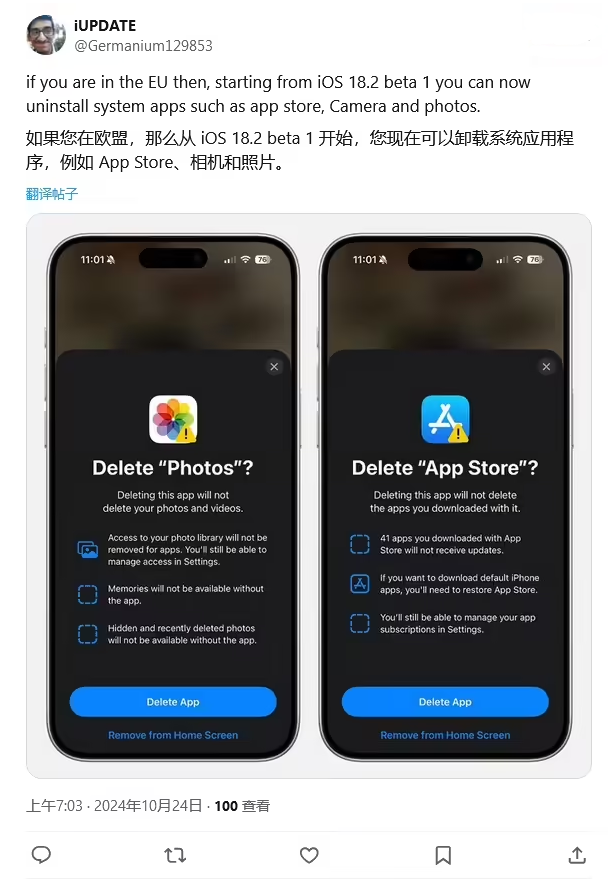 临沭苹果手机维修分享iOS 18.2 支持删除 App Store 应用商店 